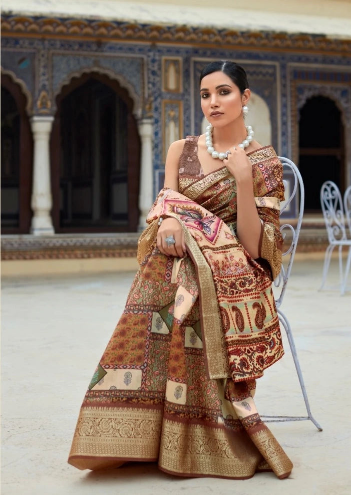 Woman in a traditional saree with intricate patterns in an ornate indoor setting
