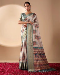 Woman wearing a patterned saree on a beige background