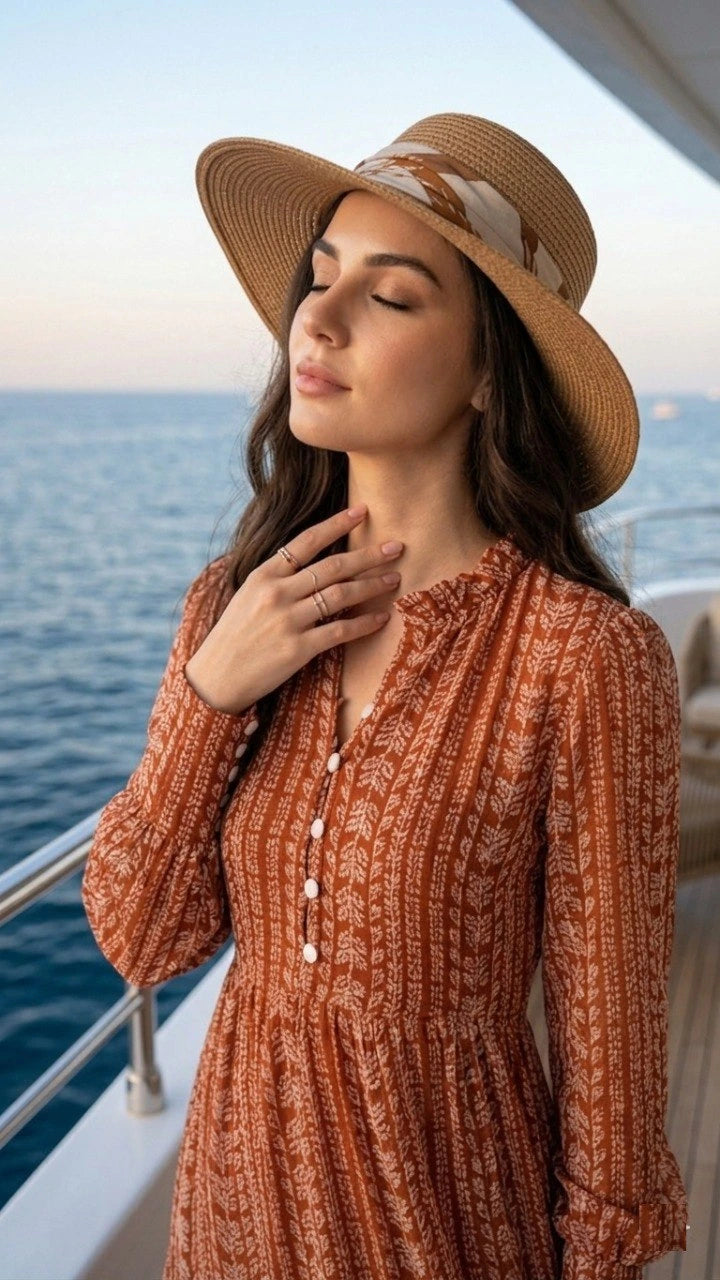 Woman in a rust-colored dress and sun hat on a boat with ocean view