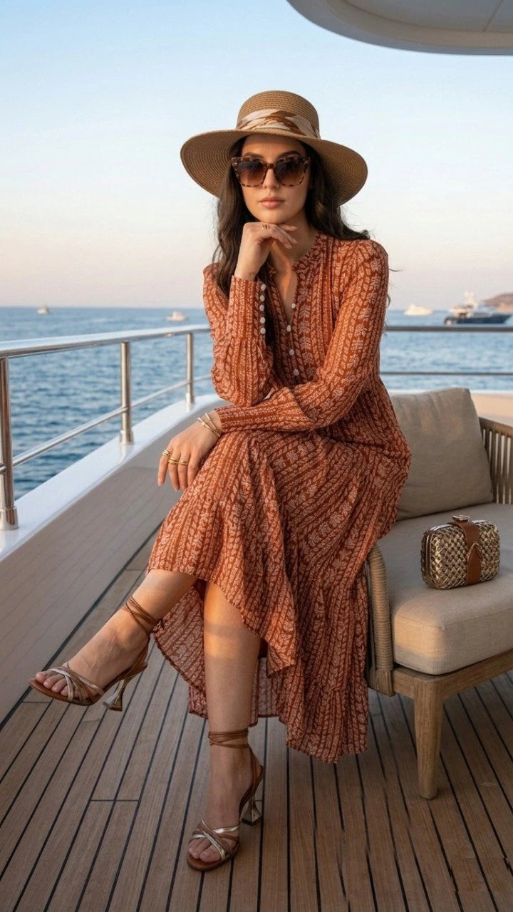 Woman in a rust-colored dress and hat sitting on a boat deck with ocean view.