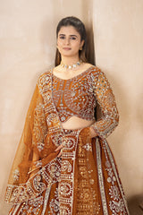Woman wearing an ornate traditional outfit with intricate designs against a beige background