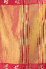Yellow fabric with red stripes and pink border