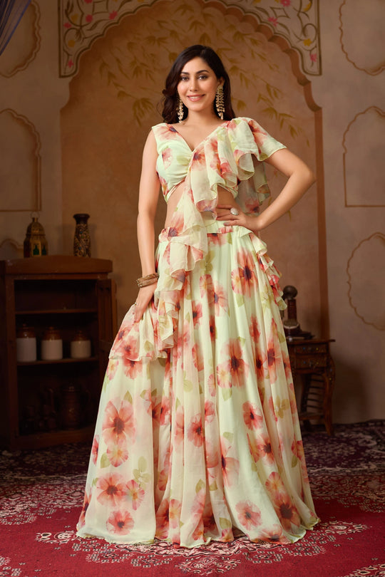 Woman in a floral dress standing in an ornate room.