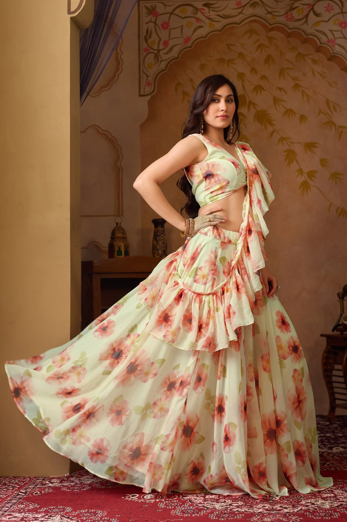 Woman in a floral dress standing in an ornate room.