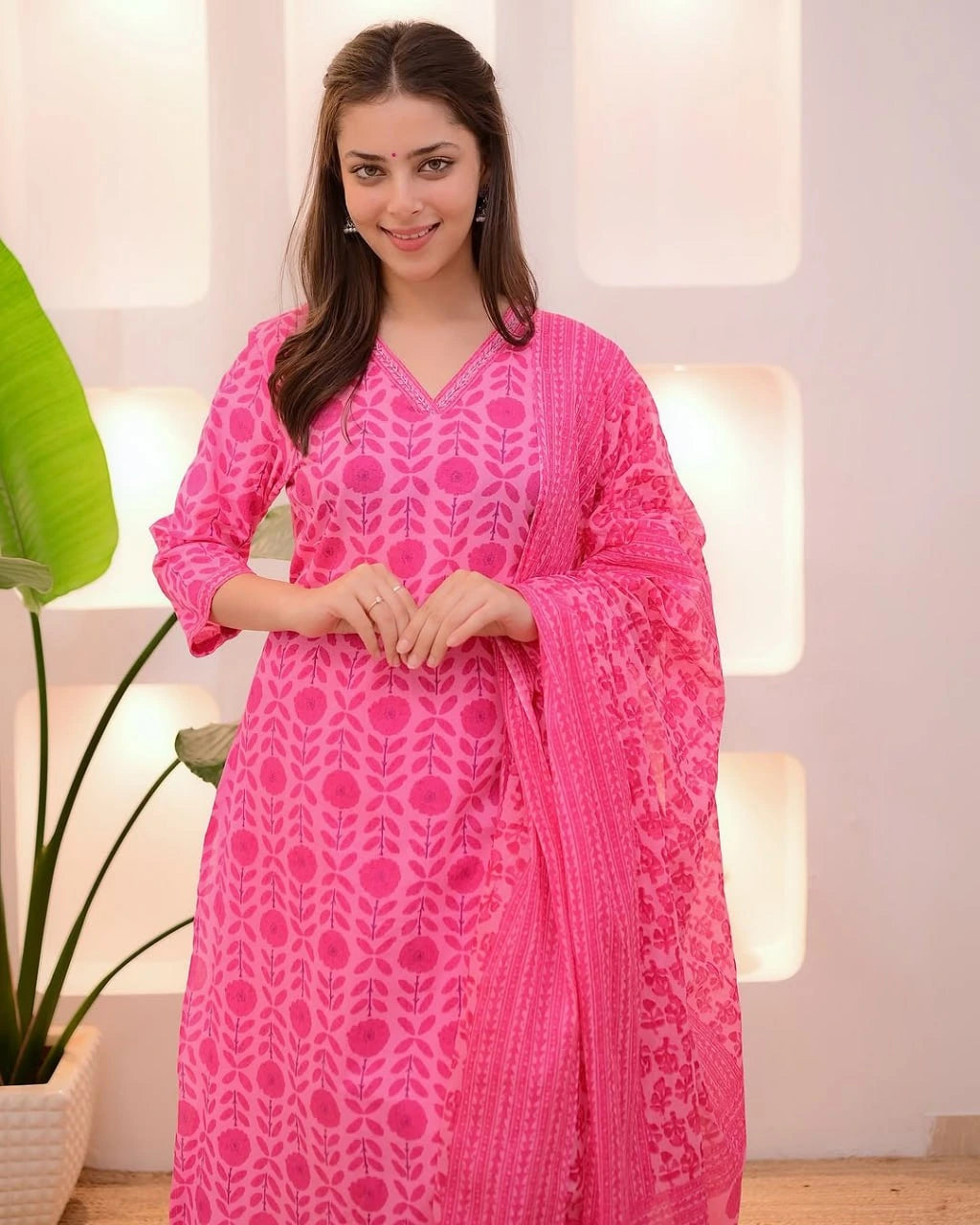 Woman wearing a bright pink traditional outfit with a white background