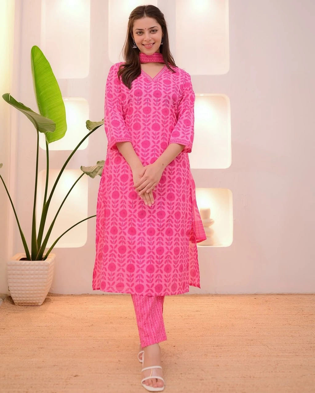 Woman wearing a pink patterned outfit standing in a room with a plant and light fixture.