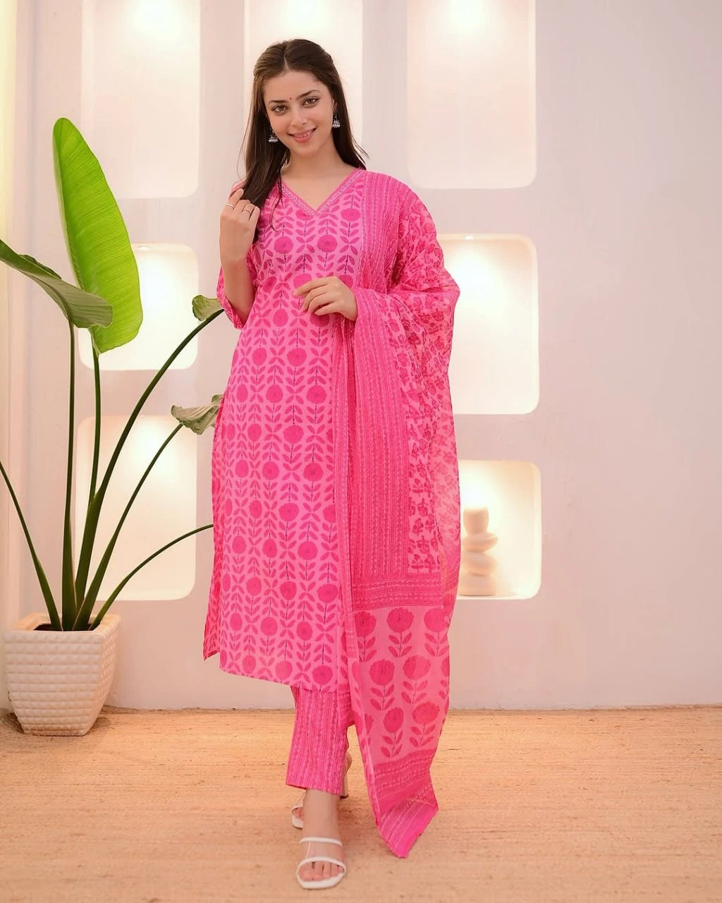 Woman wearing a pink traditional outfit with a patterned dupatta in a well-lit room.