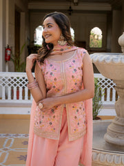 Stylish light pink georgette suit with heavy embroidery on sleeves and hemline.