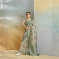 Light Pista Handloom Weaving Silk Saree
