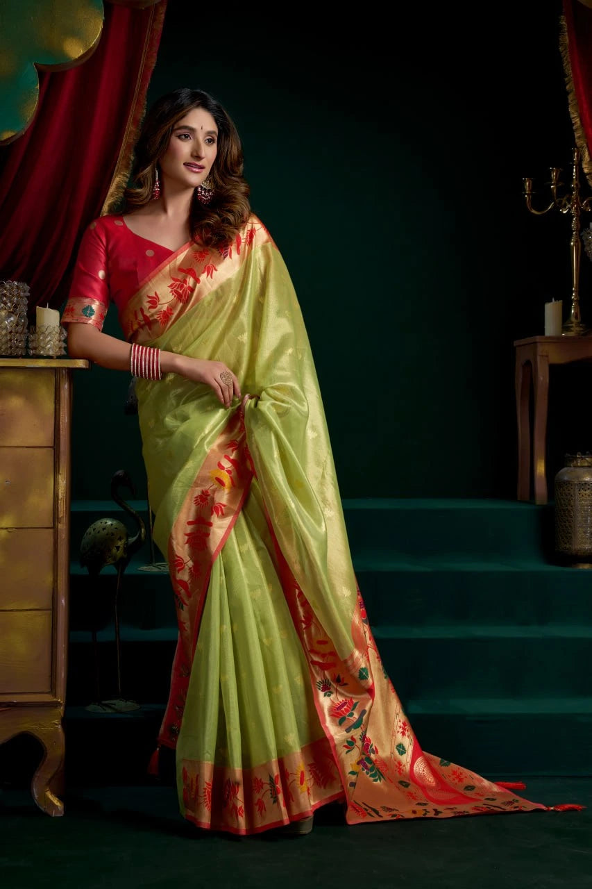 Woman in a light green saree with red blouse standing in a dark room.