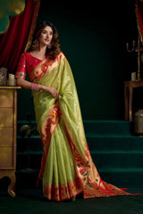 Woman in a light green saree with red blouse standing in a dark room.