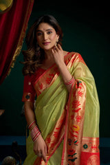 Woman wearing a traditional saree with a dark background