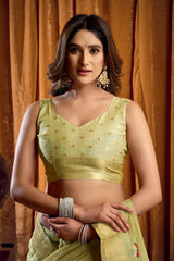 Woman wearing a light green saree with a matching blouse against an orange curtain background