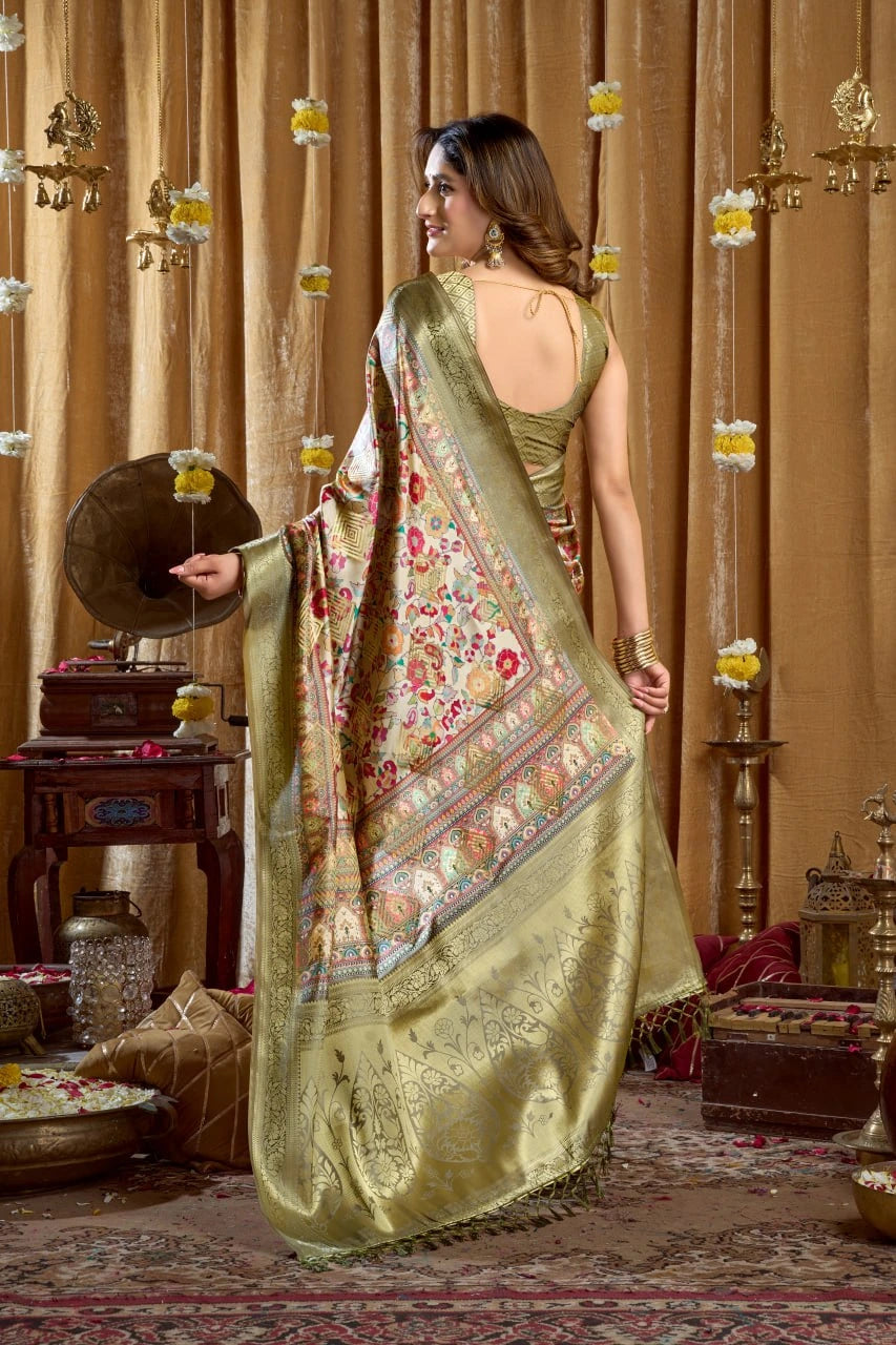 Woman in a traditional green saree with a floral pattern in a decorated room.