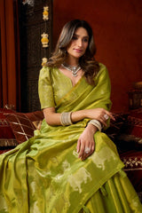 Woman in a green saree sitting on a decorative chair with a red background