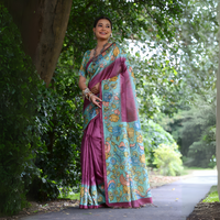 Magenta & Sky Blue Kalamkari Print Soft Tussar Silk Saree