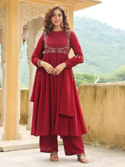 Maroon Embroidered Kurti – Georgette Anarkali with golden zari work, front model view