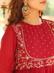 Golden zari floral embroidery and mukaish dot detail on yoke of Maroon Georgette Anarkali Kurti
