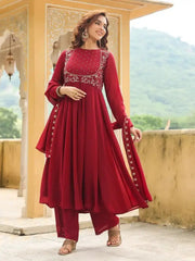 Maroon Georgette Anarkali Kurti Set with dupatta – 3/4 angle model view