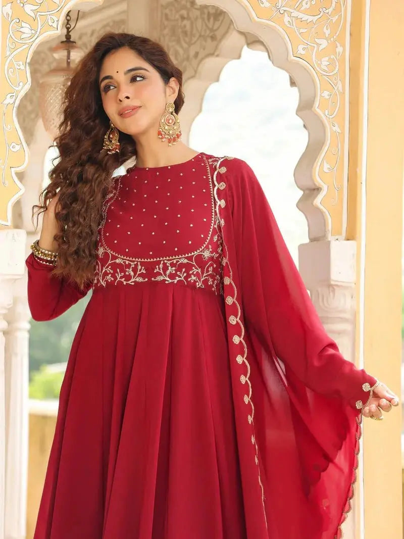 Upper body close-up of Maroon Embroidered Kurti showing yoke embroidery and round neckline