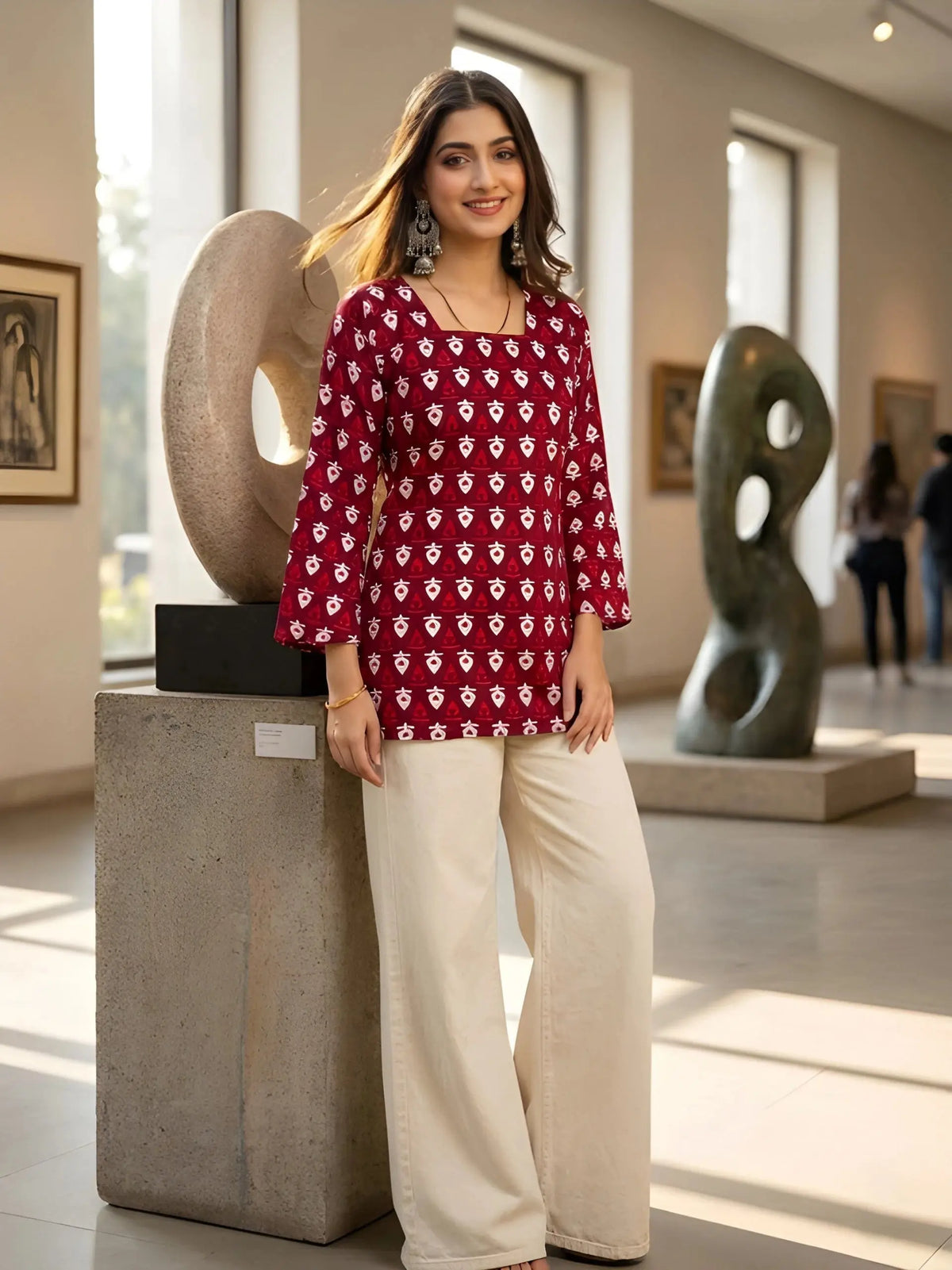 Maroon Floral Print Cotton Short Kurti – Full Length Front View with Square Neck & 3/4 Sleeves