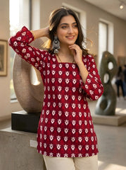 Maroon Cotton Short Kurti with Floral Buta Print – 3/4 Sleeve Model View