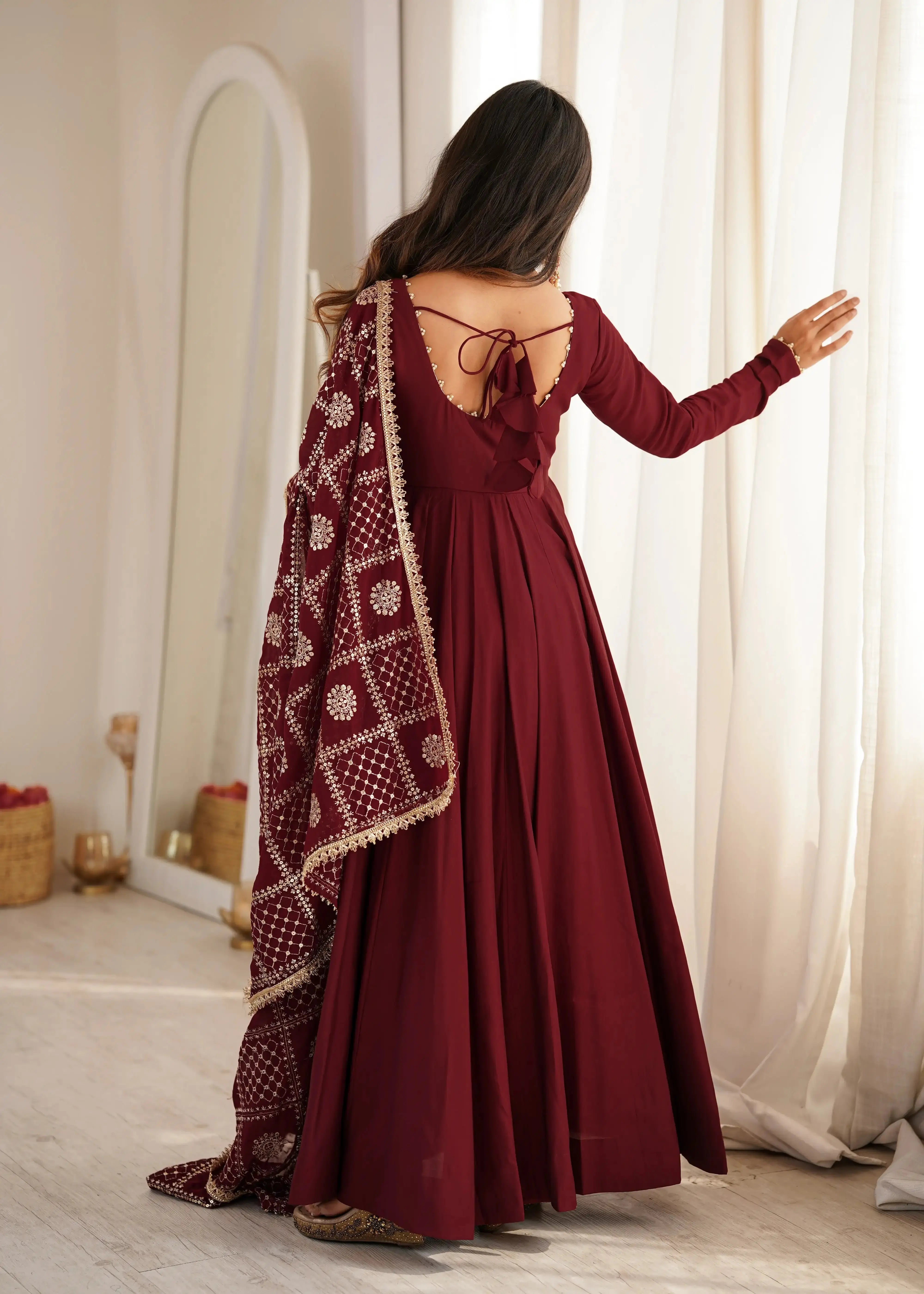 Back view of Maroon Sequins Embroidered Anarkali Suit showing open dori tie-up back