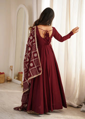 Back view of Maroon Sequins Embroidered Anarkali Suit showing open dori tie-up back