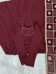 Flat lay of Maroon Sequins Embroidered Anarkali Suit with pant and back detail