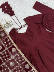 Flat lay close-up of Maroon Anarkali Suit neck and sequins embroidered dupatta