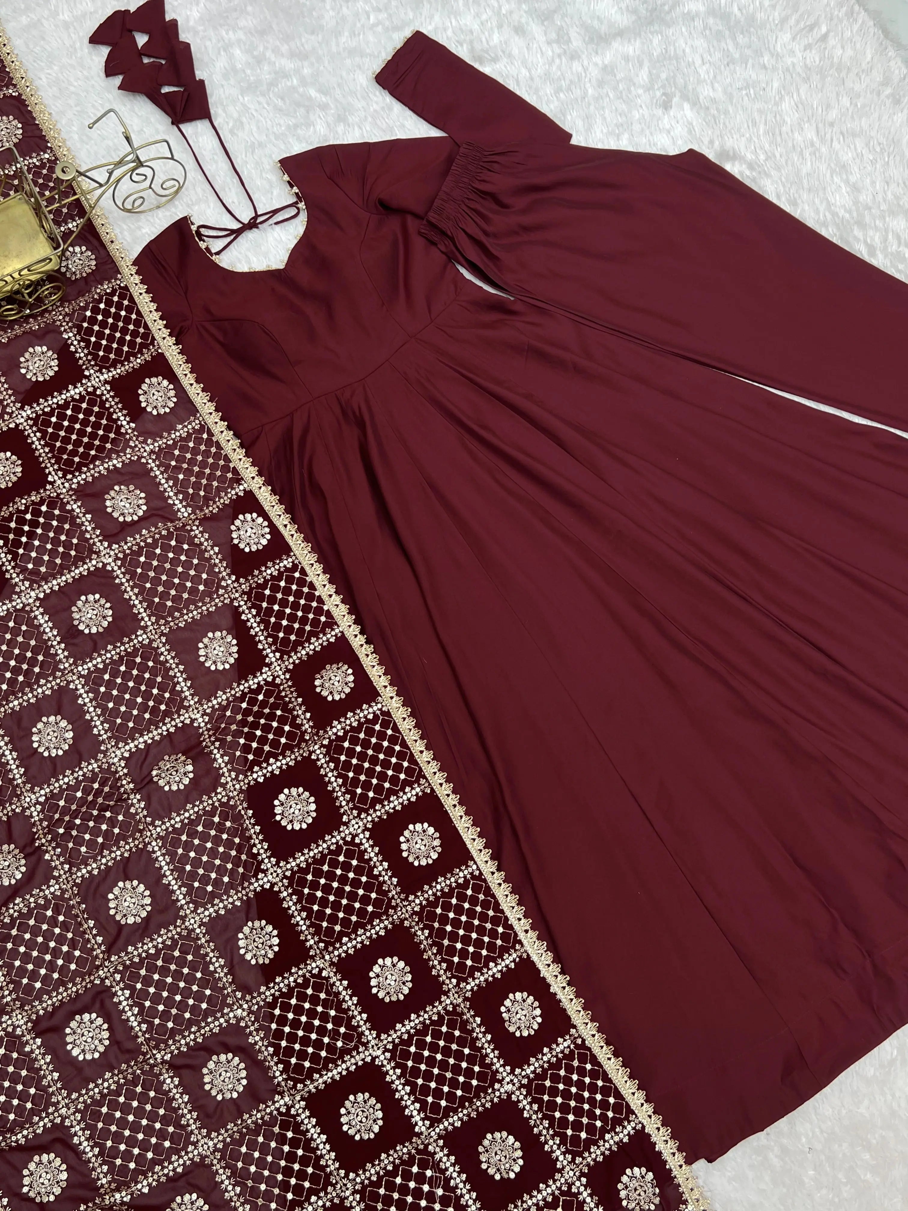 Flat lay of complete Maroon Sequins Embroidered Anarkali Suit set with dupatta