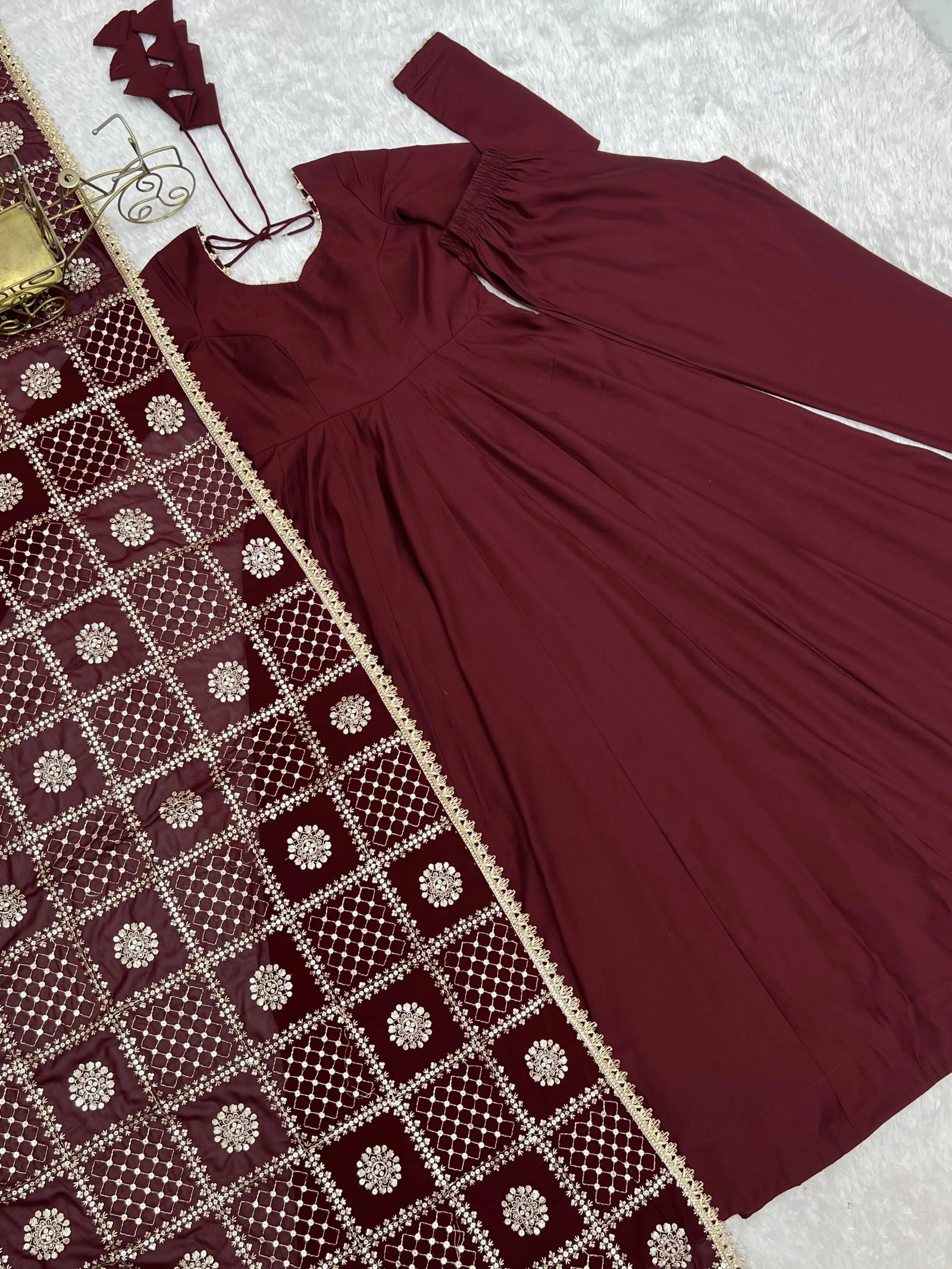 Flat lay of complete Maroon Sequins Embroidered Anarkali Suit set with dupatta