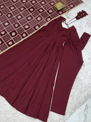 Flat lay of Maroon Sequins Embroidered Anarkali Suit and pant with dupatta