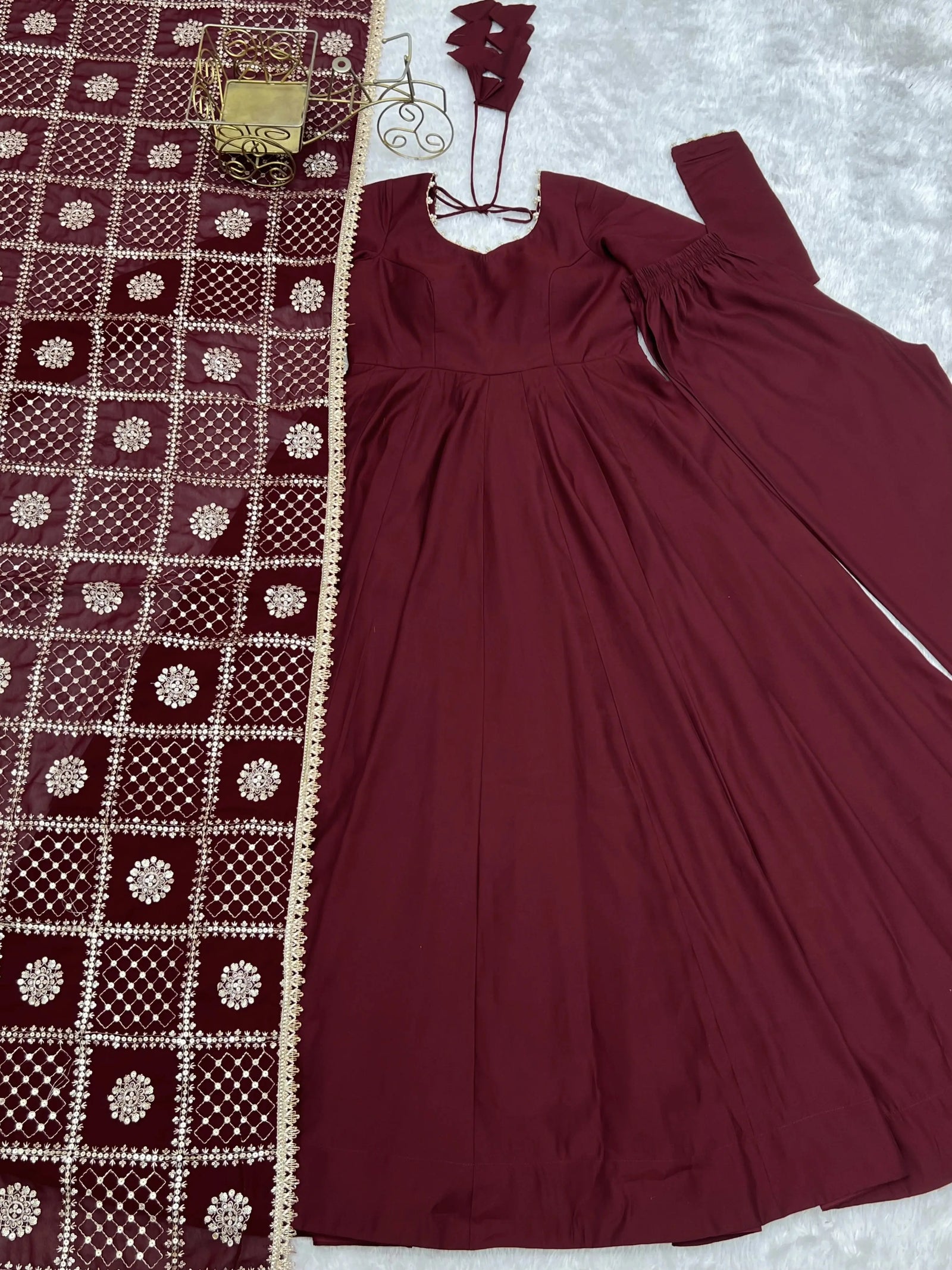 Full flat lay of Maroon Sequins Embroidered Anarkali Suit showing suit pant and dupatta