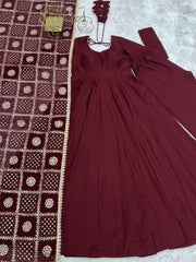 Full flat lay of Maroon Sequins Embroidered Anarkali Suit showing suit pant and dupatta