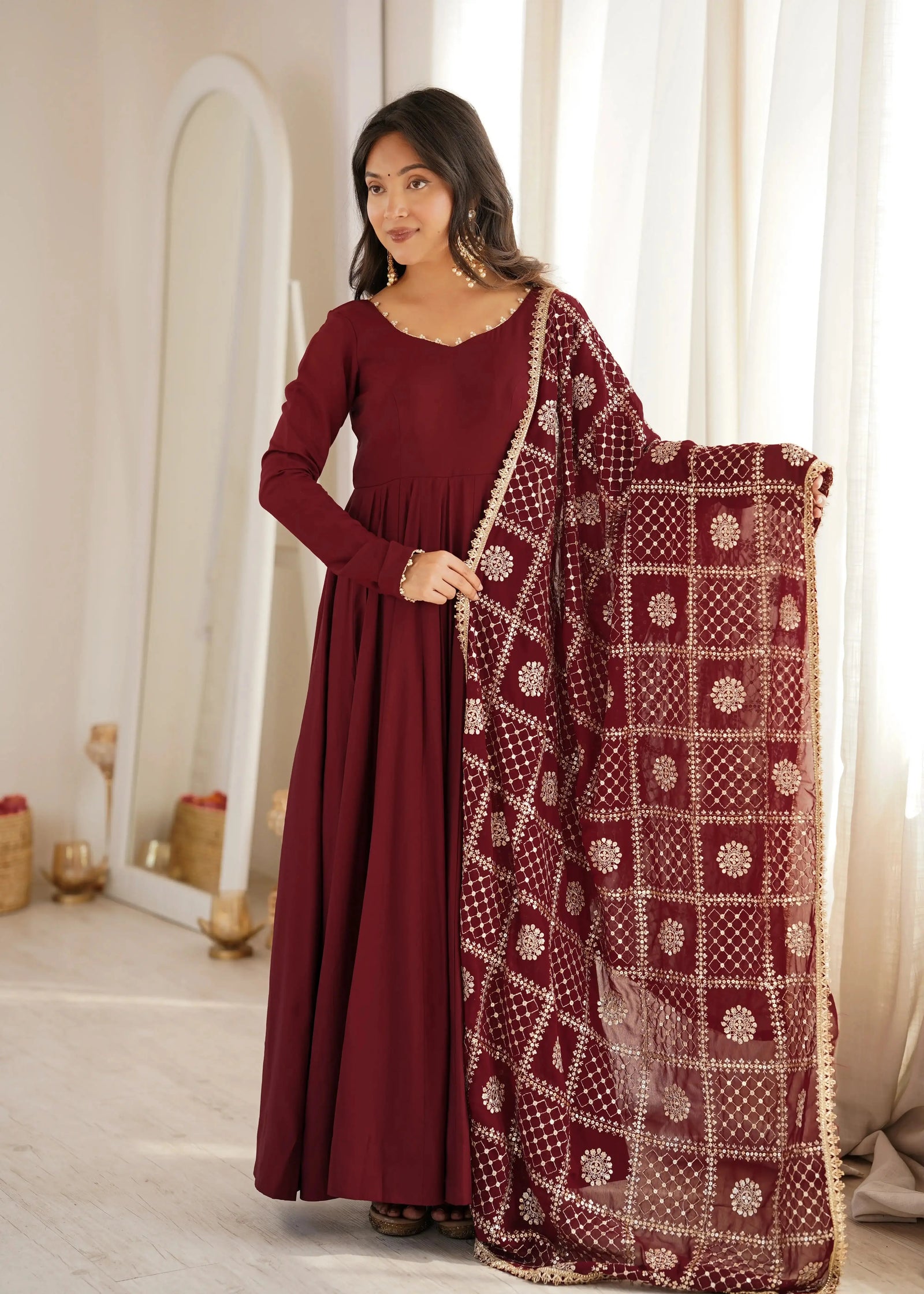 Maroon Sequins Embroidered Anarkali Suit full length front view with embroidered dupatta