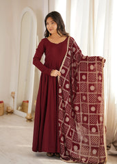 Maroon Sequins Embroidered Anarkali Suit full length front view with embroidered dupatta