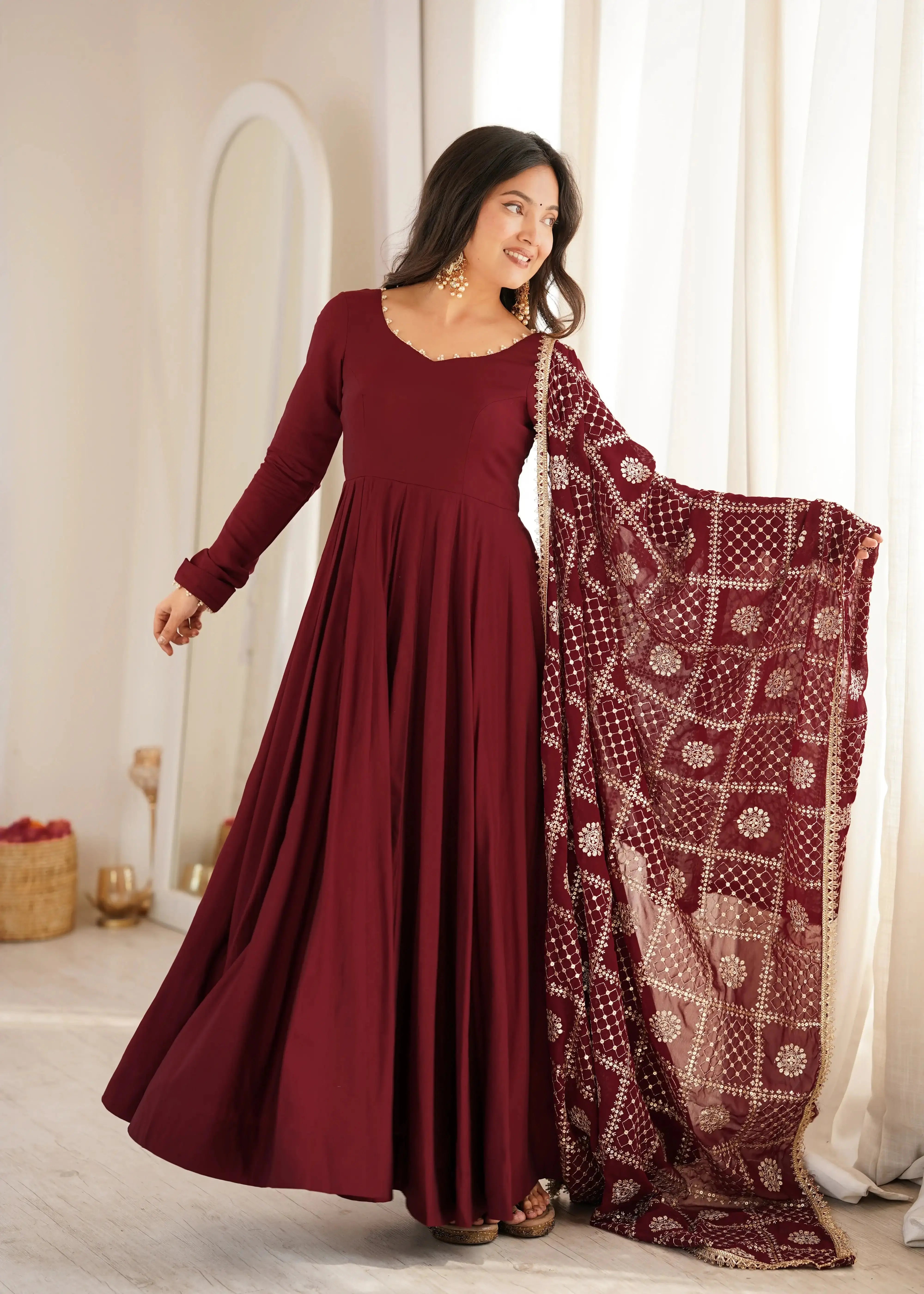 Maroon Sequins Embroidered Anarkali Suit front view model with dupatta extended