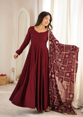 Maroon Sequins Embroidered Anarkali Suit front view model with dupatta extended