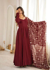 Maroon Sequins Embroidered Anarkali Suit front pose with gold jhumkas
