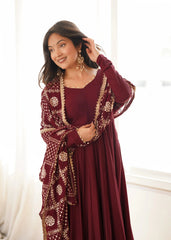 Upper body close-up of Maroon Sequins Embroidered Anarkali Suit with dupatta draped