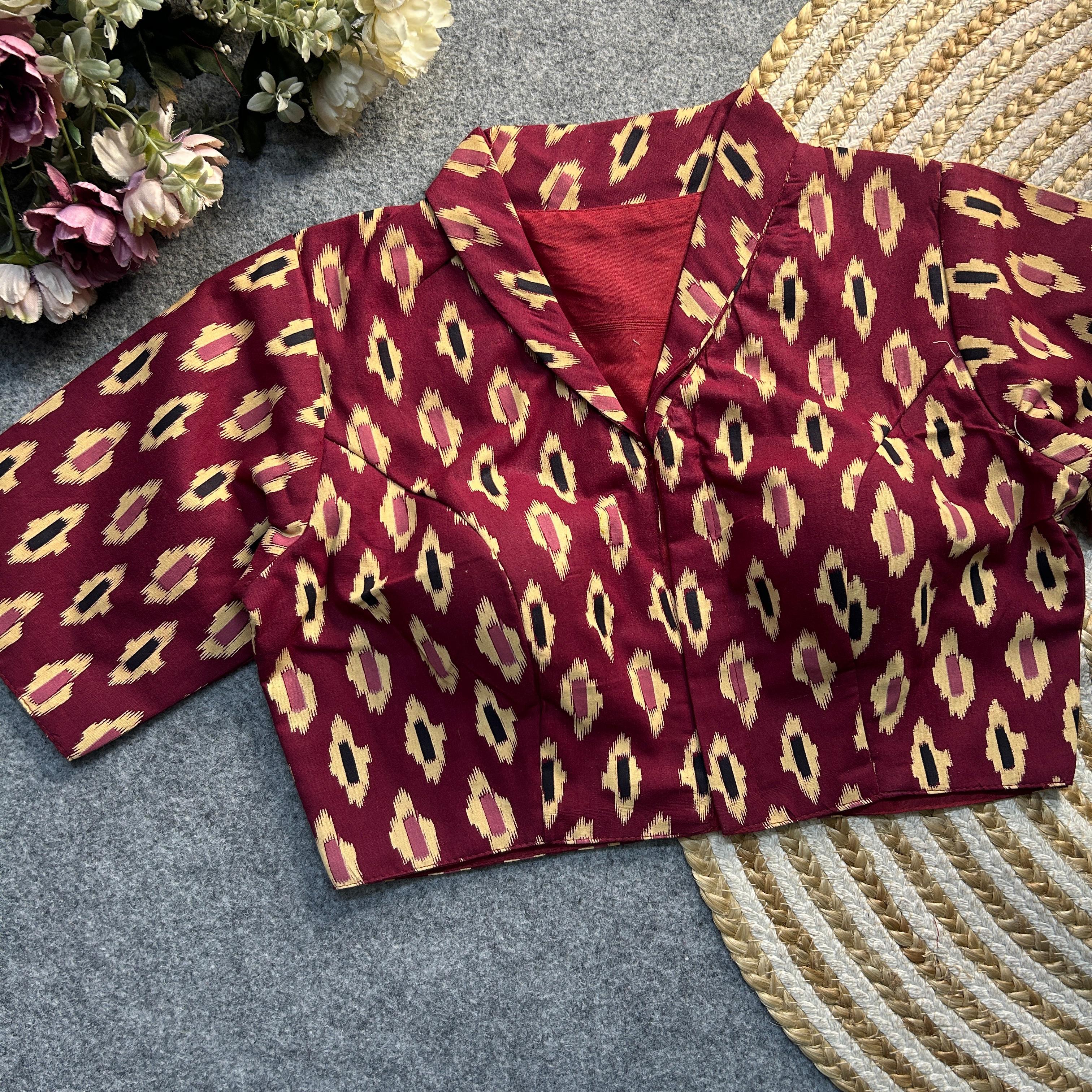 Maroon Ajrakh Print Cotton Blouse with intricate handcrafted patterns, blending tradition and elegance for a perfect cultural and festive look.