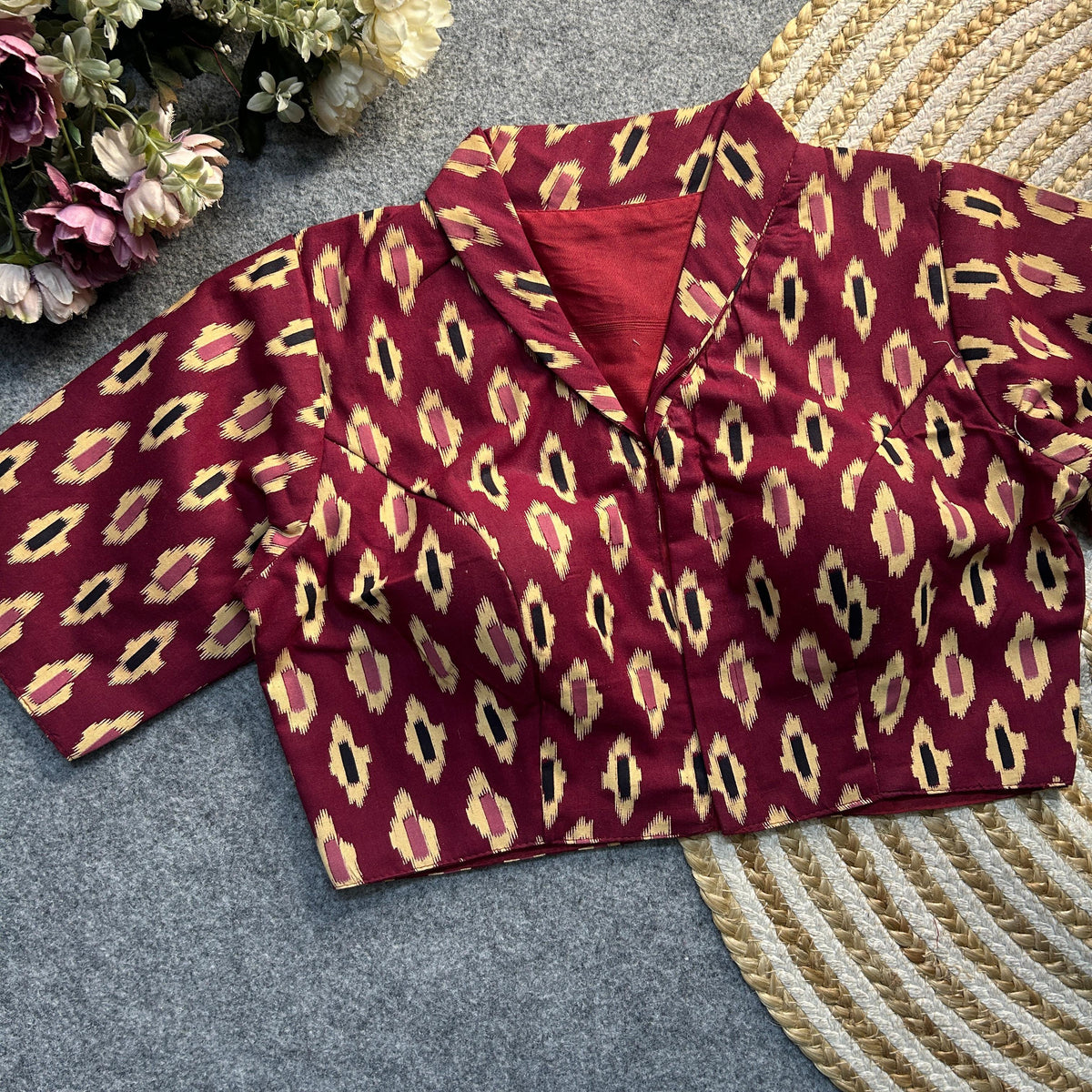 Maroon Ajrakh Print Cotton Blouse with intricate handcrafted patterns, blending tradition and elegance for a perfect cultural and festive look.