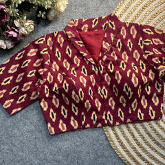 Maroon Ajrakh Print Cotton Blouse with intricate handcrafted patterns, blending tradition and elegance for a perfect cultural and festive look.