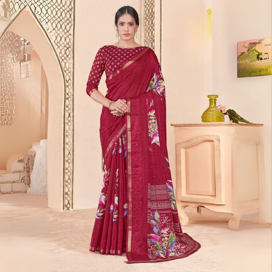 Woman in a maroon sequence jacquard work saree with floral motifs standing indoors in an elegant room with arched decor and vintage furniture