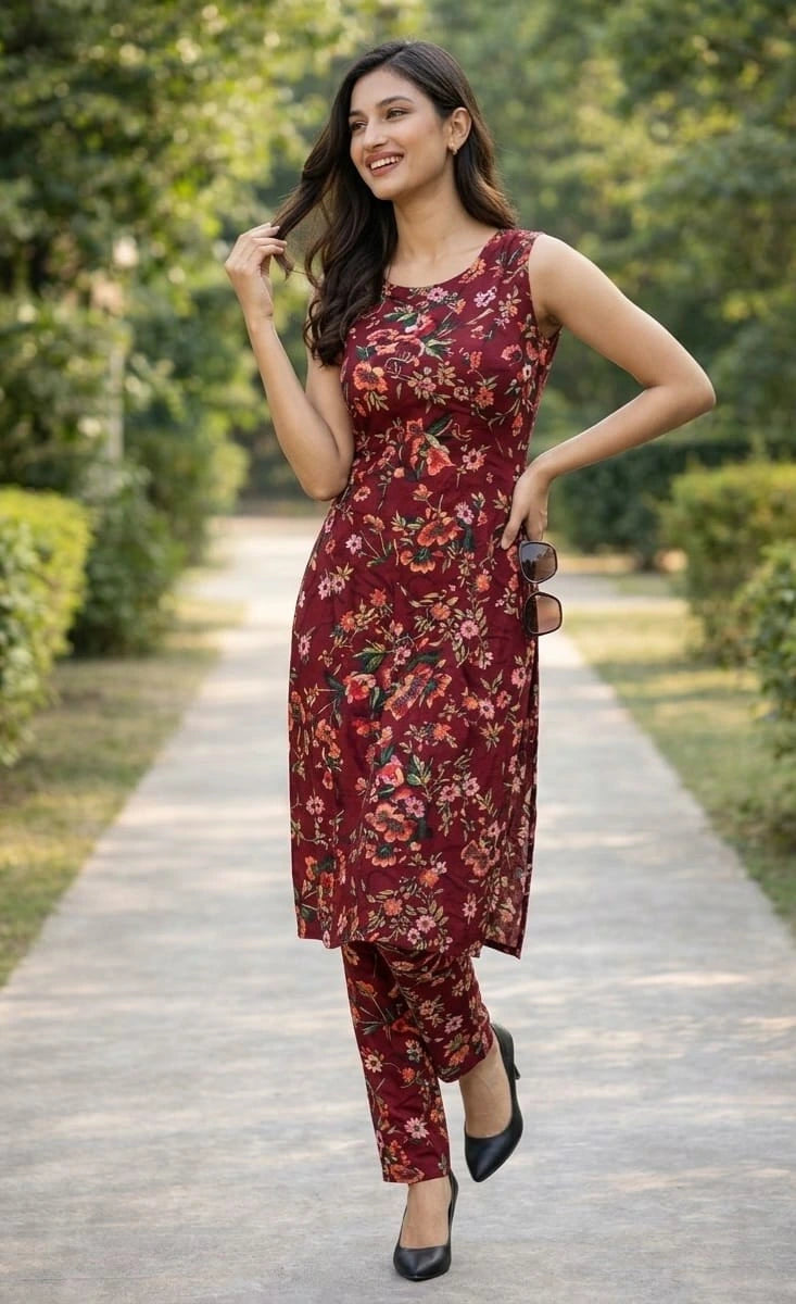Woman in a floral dress standing on a pathway with greenery in the background