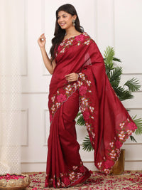 Maroon Embroidered Silk Saree