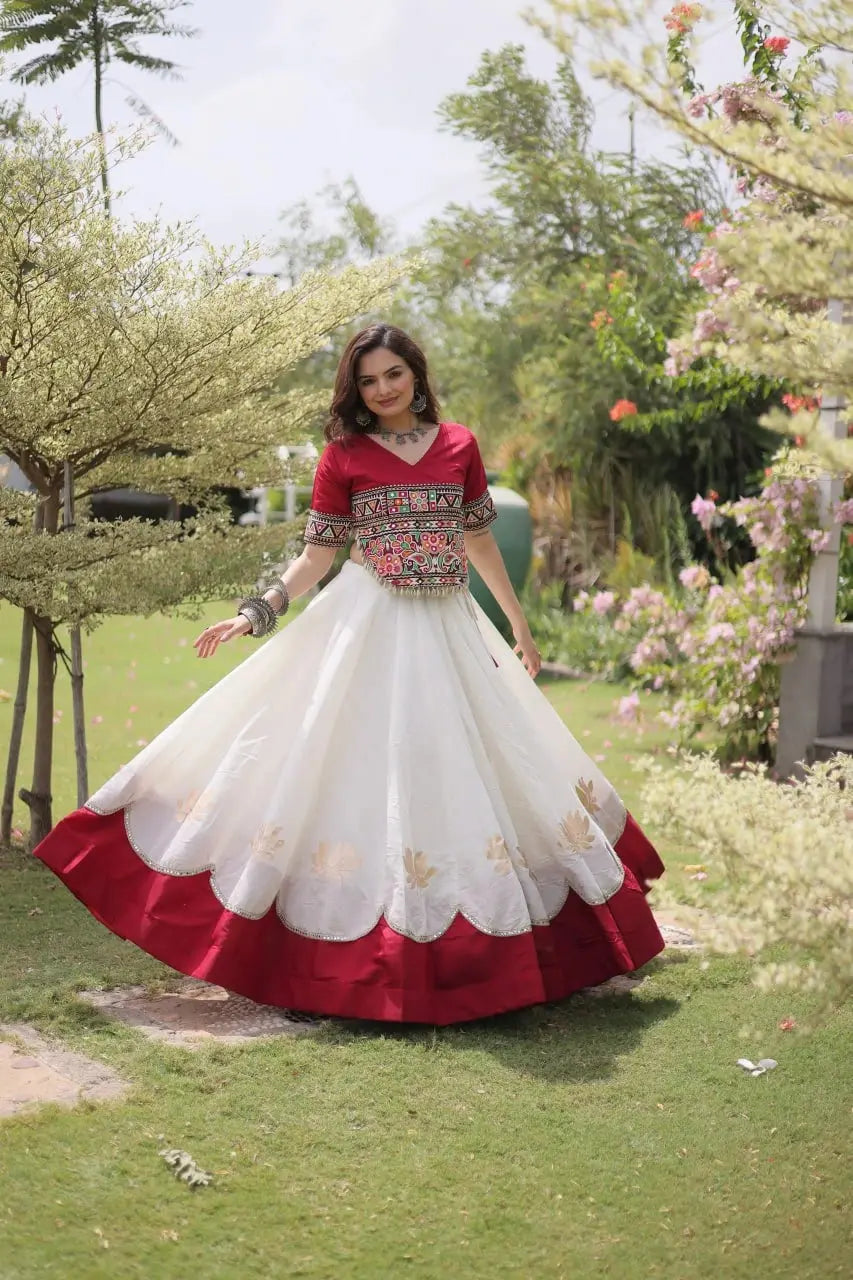 Traditional White and Maroon Lehenga Choli with Colorful Mirror Style Embroidery and Festive Appeal