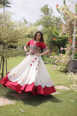 Designer White Lehenga Set featuring Maroon Embroidered Blouse, Multicolor Artisan Motifs, and Contrast Border