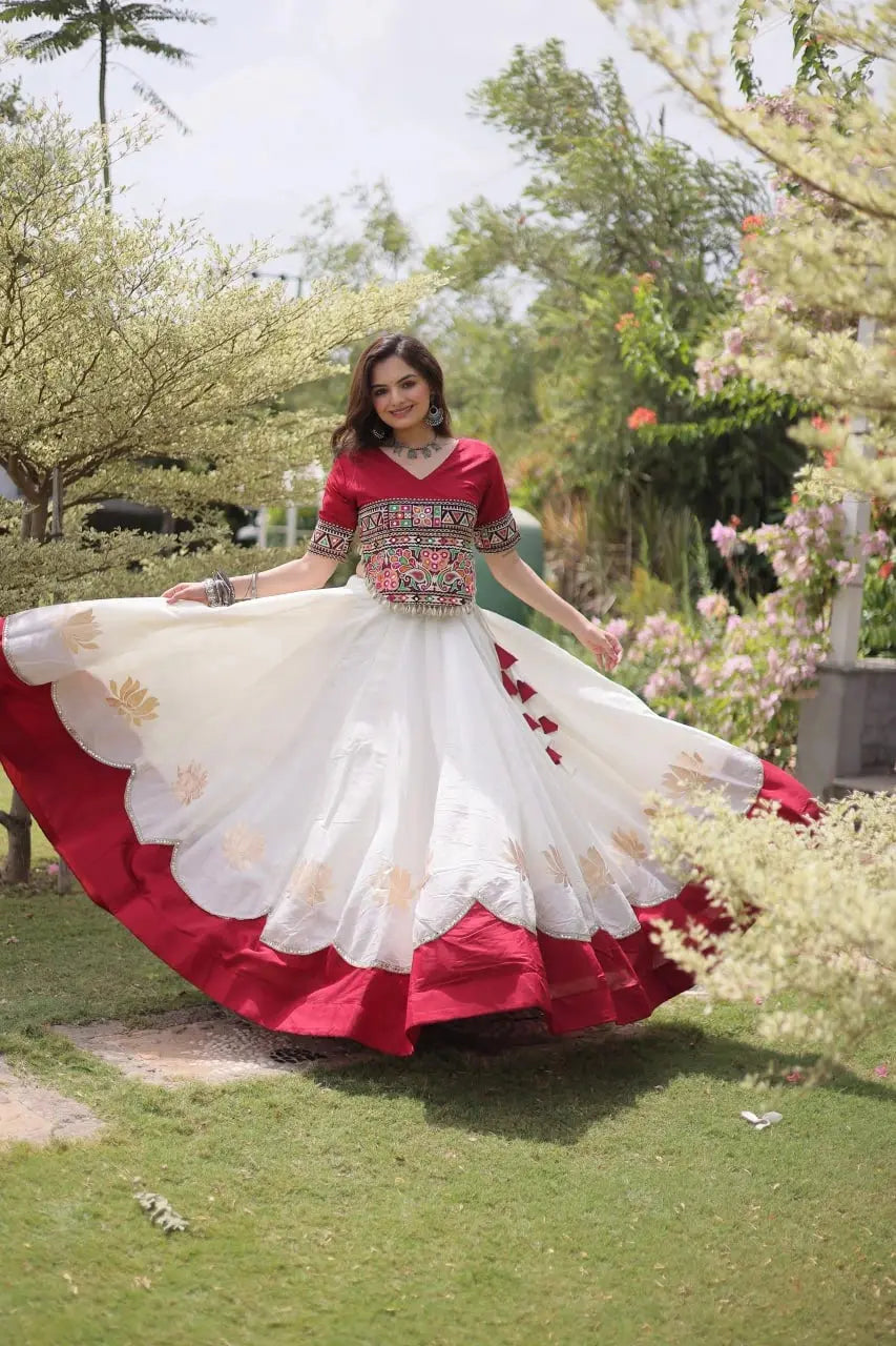 Women's Ivory White and Maroon Lehenga Choli with Colorful Kutchi Embroidery and Traditional Ethnic Design